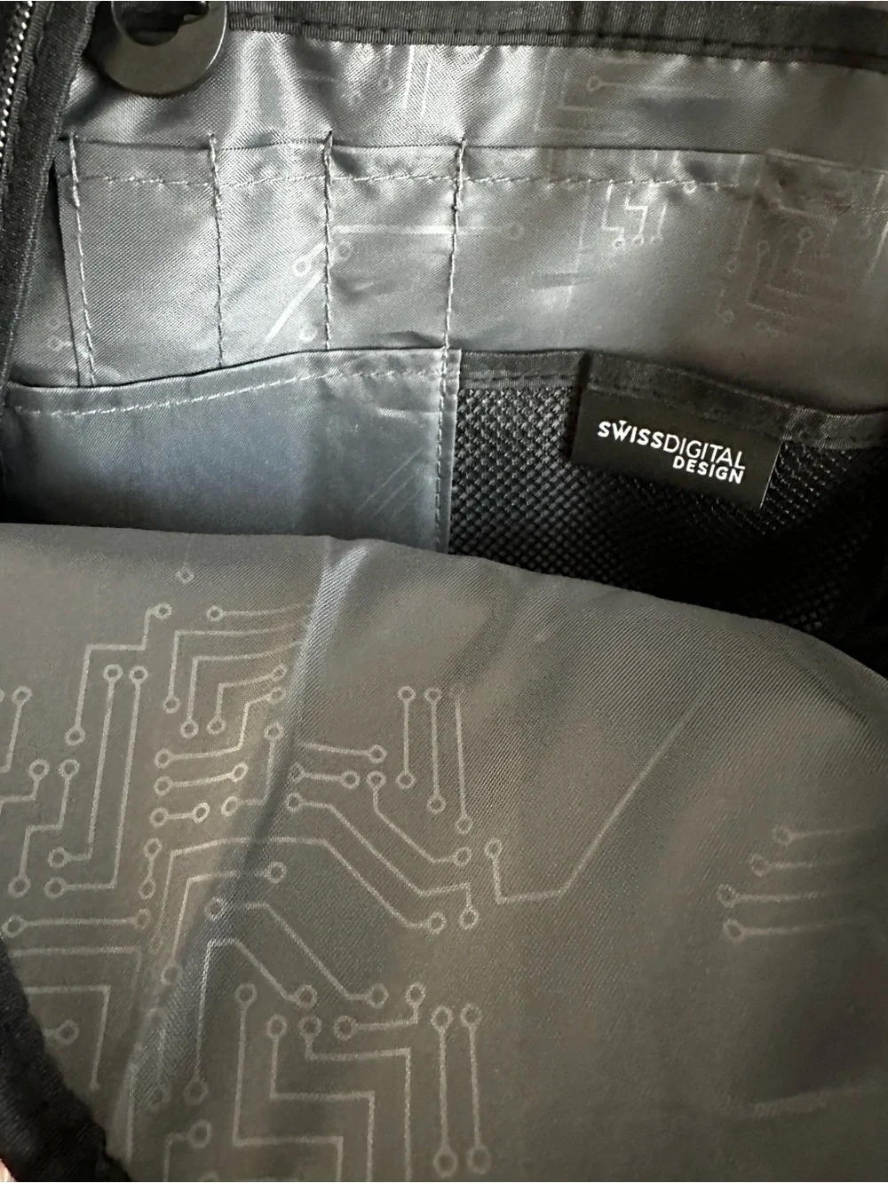 SwissGear Digital Black Backpack with Blue Trim and Silver Zippers